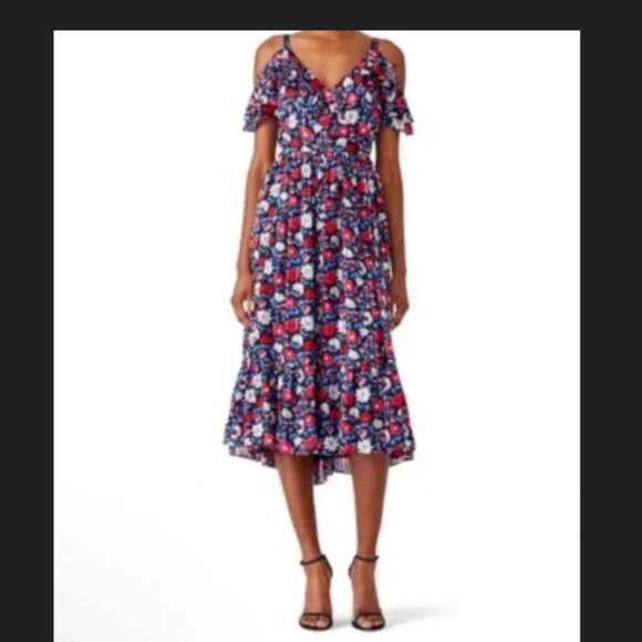 Kate Spade New York Navy Daisy Cutout Shoulder Silk Midi Dress Sz 2 EUC - Picture 1 of 10